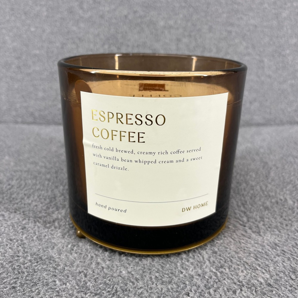 DW Home Espresso Coffee Scented Wooden Wick Candle 18.2 oz Glass Gold Footed